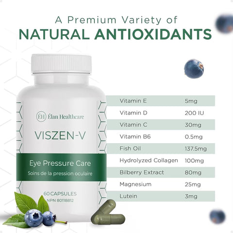 VisZen-V  Eye Pressure Health Supplement with Vitamins, Fish Oil, Collagen, Lutein, Bilberry, Quercetin - 60 Capsules