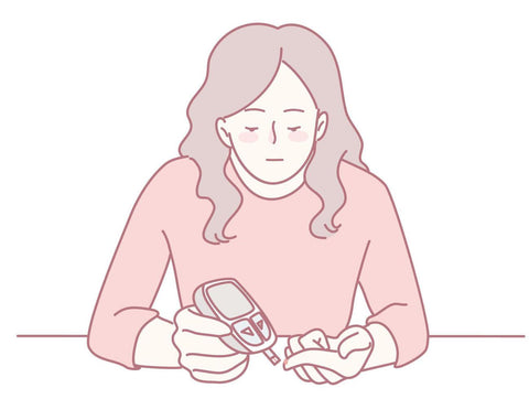 Woman using a blood glucose meter to test a finger-prick blood sample, simple pink line-art illustration.