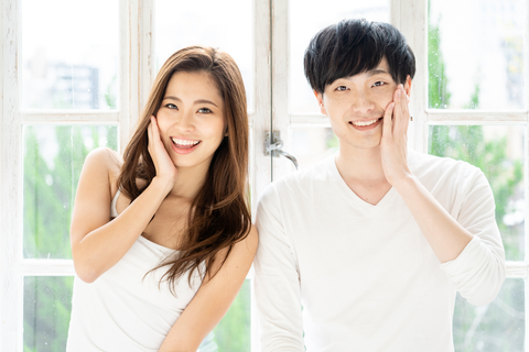 young couple with smooth beautiful skin, skincare concept 