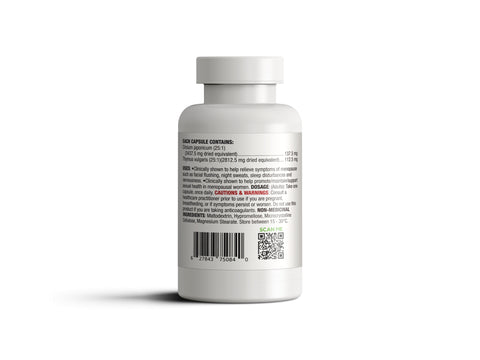 Back of Medmeno bottle, showing natural menopause relief ingredients