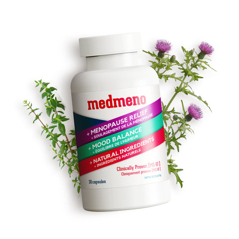 Bottle of Medmeno, perimenopause supplements on a white background